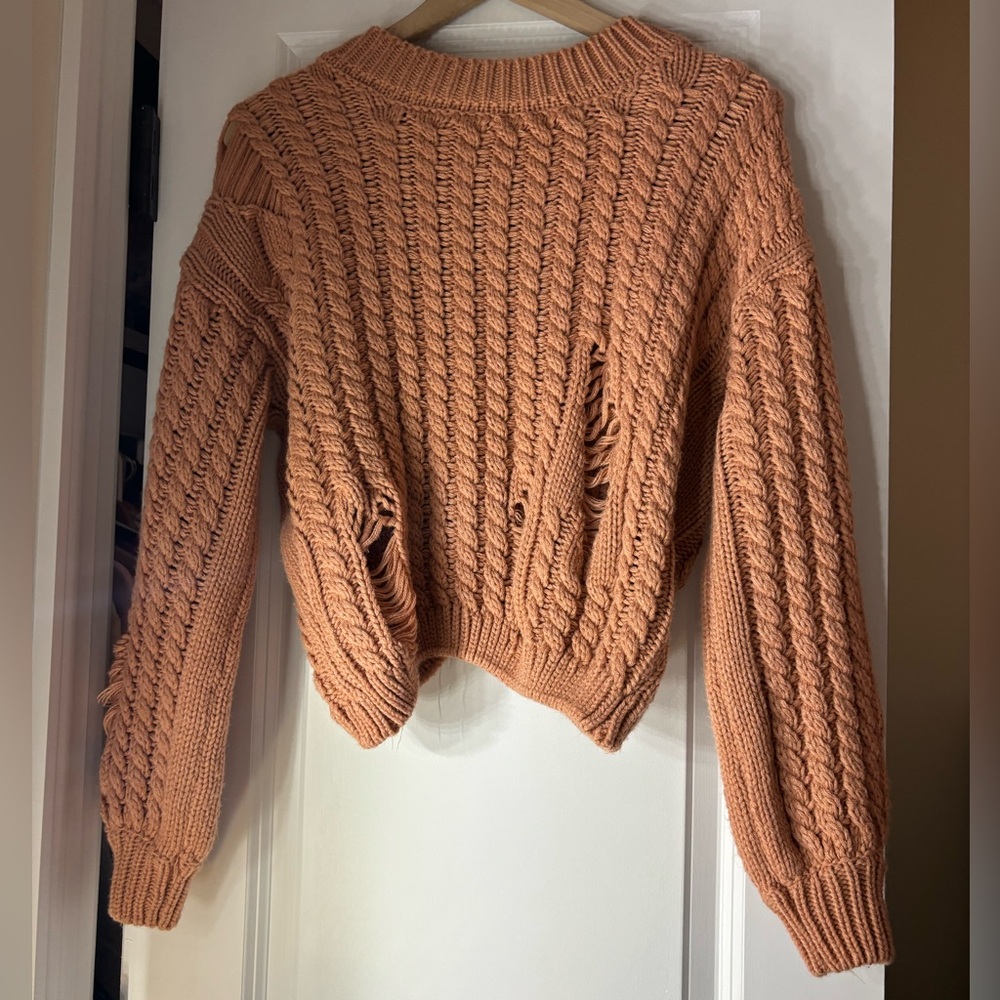 Dynamite Burnt Orange Fringe Cable Knitted Cropped V-Neck Sweater Size Medium - Picture 4 of 4